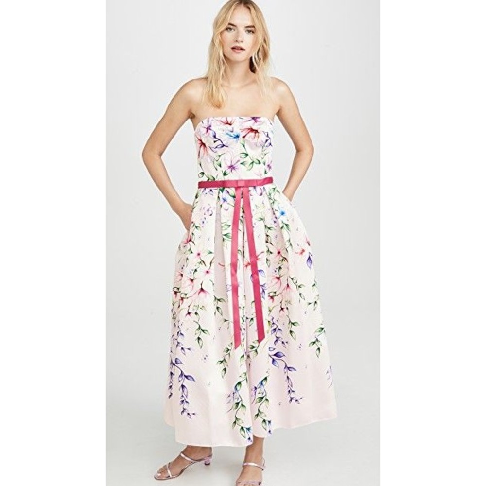 MARCHESA NOTTE Floral Blush Strapless Corset Mikado Pique Midi Tea Gown 6 = S